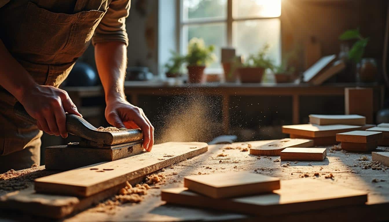 Rénovation de planches en bois en menuiserie avec un rabot